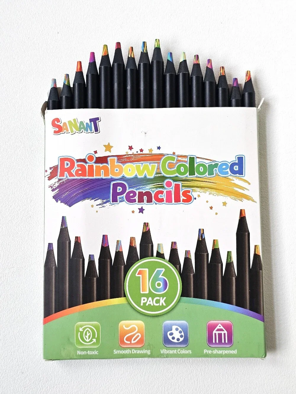 SANANT Rainbow Colored Pencils 16 Pack Pre-Sharpened Multicolor Art Drawing Set